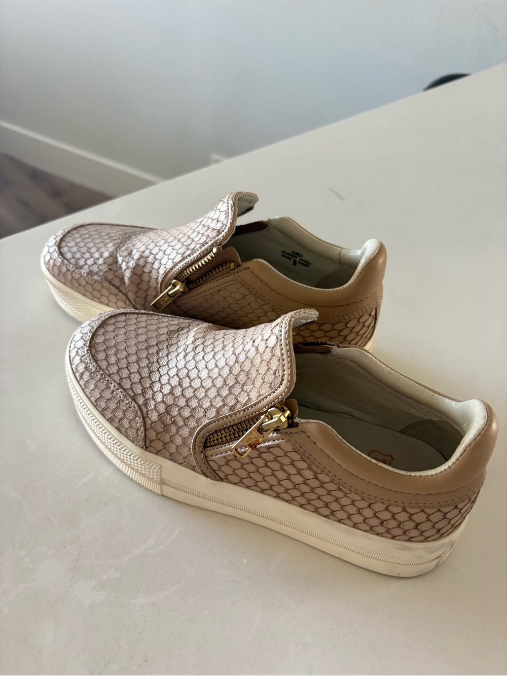 Ash Women’s Beige Textured Slip-On Sneakers with Gold Zipper
